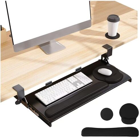Keyboard Tray, 25 in. Pine Plastic, Keyboard tray Under Desk with Wrist Rest, Mouse Pad, Cup Mat, Lightweight Slide Out Tray, Easy Assemble Adjustable C clamp in Saudi Arabia