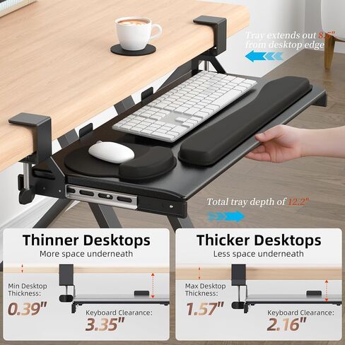Keyboard Tray, 25 in. Pine Plastic, Keyboard tray Under Desk with Wrist Rest, Mouse Pad, Cup Mat, Lightweight Slide Out Tray, Easy Assemble Adjustable C clamp in Saudi Arabia