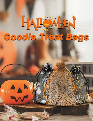 Jexila 100pcs Halloween Organza Bag 4x6,Black Mesh Drawstring Gift Bags Small Halloween Goodie Candy Treat Bags for Kids Tick or Treat Halloween Party Favor Bags in Saudi Arabia