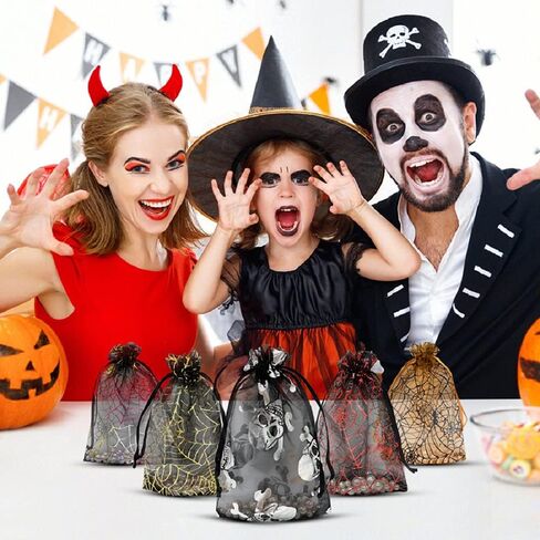 Jexila 100pcs Halloween Organza Bag 4x6,Black Mesh Drawstring Gift Bags Small Halloween Goodie Candy Treat Bags for Kids Tick or Treat Halloween Party Favor Bags in Saudi Arabia