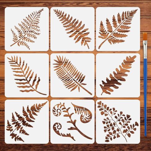 FINGERINSPIRE 9 Pcs Fern Leaves Painting Stencil with Brush 5.9x5.9inch Different Types of Fern Leaf Pattern Drawing Template DIY Decoration Stencil for Painting on Wood Wall Fabric Furniture in Saudi Arabia