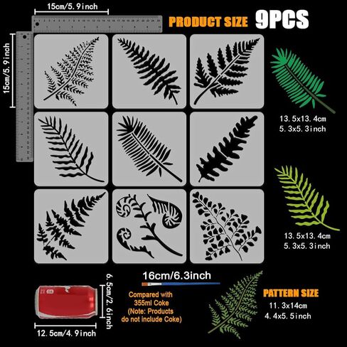 FINGERINSPIRE 9 Pcs Fern Leaves Painting Stencil with Brush 5.9x5.9inch Different Types of Fern Leaf Pattern Drawing Template DIY Decoration Stencil for Painting on Wood Wall Fabric Furniture in Saudi Arabia