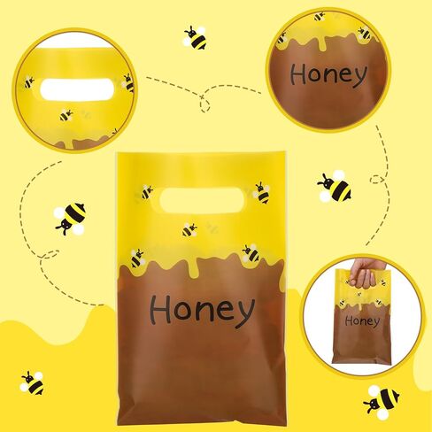 Leinuosen 100 Pcs Honey Bee Gift Bags Yellow Honey Bee Plastic Goodie Treat Bag Waterproof for Birthday Party Baby Shower Decoration Summer Gift Wrapping Party Favor Supplies in Saudi Arabia