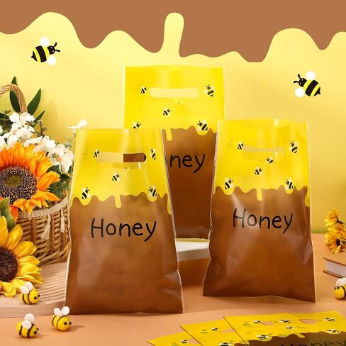 Leinuosen 100 Pcs Honey Bee Gift Bags Yellow Honey Bee Plastic Goodie Treat Bag Waterproof for Birthday Party Baby Shower Decoration Summer Gift Wrapping Party Favor Supplies in Saudi Arabia