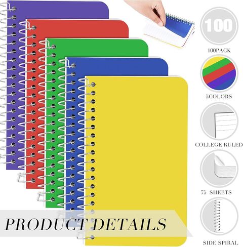 Leinuosen 100 Pack Mini Spiral Notebooks 3 '' x 5 '' Bulk Small Pocket Memo Pad 75 Sheets for College Office Office Business (Bright ، Side Spiral) in Saudi Arabia