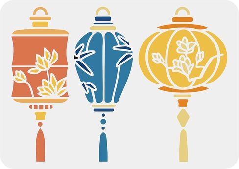 FINGERINSPIRE 3 Shapes Chinese Lantern Stencil 11.7x8.3 inch Oriental Lantern Stencil with Lotus Bamboo Leaves Magnolia Flower Patterns, Flexible Reusable Drawing Templates for New Year Decoration in Saudi Arabia