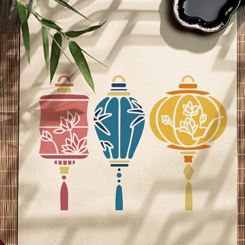 FINGERINSPIRE 3 Shapes Chinese Lantern Stencil 11.7x8.3 inch Oriental Lantern Stencil with Lotus Bamboo Leaves Magnolia Flower Patterns, Flexible Reusable Drawing Templates for New Year Decoration in Saudi Arabia