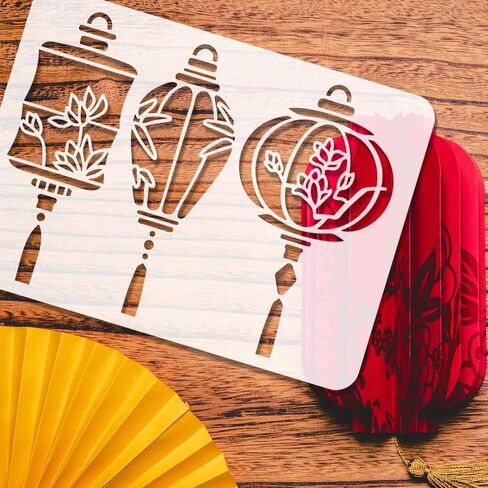 FINGERINSPIRE 3 Shapes Chinese Lantern Stencil 11.7x8.3 inch Oriental Lantern Stencil with Lotus Bamboo Leaves Magnolia Flower Patterns, Flexible Reusable Drawing Templates for New Year Decoration in Saudi Arabia