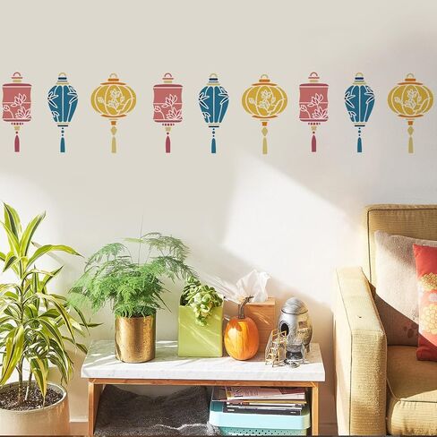 FINGERINSPIRE 3 Shapes Chinese Lantern Stencil 11.7x8.3 inch Oriental Lantern Stencil with Lotus Bamboo Leaves Magnolia Flower Patterns, Flexible Reusable Drawing Templates for New Year Decoration in Saudi Arabia
