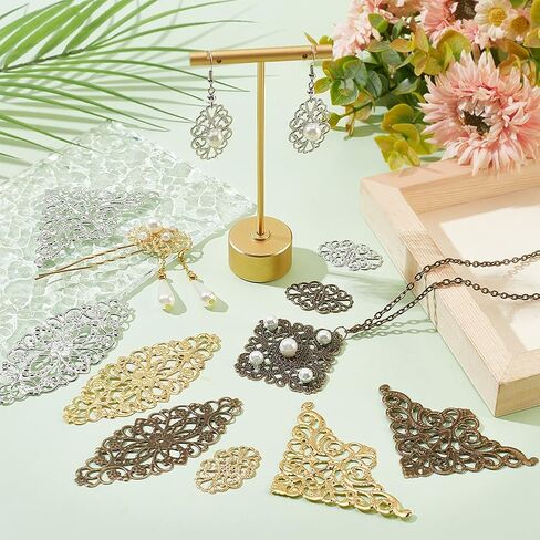 PH PandaHall 60pcs Filigree Wrap Charm Pendant Connector, 3 Color 4 Size Flower Filigree Connectors Charms Metal Wraps Connector for DIY Hairpin Headwear Earring Jewelry Making in Saudi Arabia