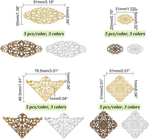 PH PandaHall 60pcs Filigree Wrap Charm Pendant Connector, 3 Color 4 Size Flower Filigree Connectors Charms Metal Wraps Connector for DIY Hairpin Headwear Earring Jewelry Making in Saudi Arabia