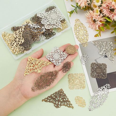 PH PandaHall 60pcs Filigree Wrap Charm Pendant Connector, 3 Color 4 Size Flower Filigree Connectors Charms Metal Wraps Connector for DIY Hairpin Headwear Earring Jewelry Making in Saudi Arabia