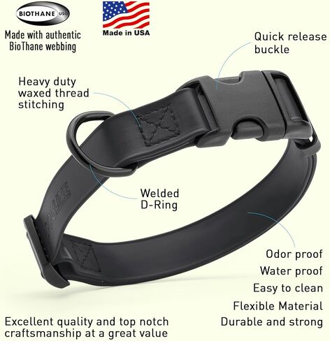 Dogline Biothane Waterproof Dog Collar with Quick Release Buckle Strong Coated Nylon Webbing with Odor- Proof for Easy Care Easy to Clean Fits Small Medium or Large Dogs, Black 3/4" W 12-19" L in Saudi Arabia