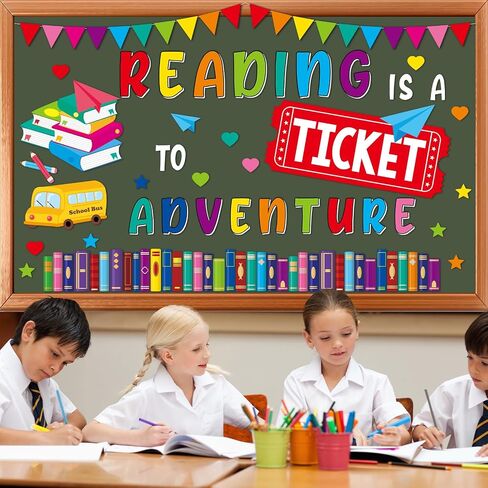 Reading Bulletin Board Set Colorful Positive Classroom Decorations Reading Is A Ticket To Adventure Bulletin Board Decoration Book School Bus Cutouts for Back to School Classroom Chalkboard Wall Decor in Saudi Arabia