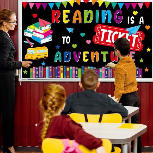 Reading Bulletin Board Set Colorful Positive Classroom Decorations Reading Is A Ticket To Adventure Bulletin Board Decoration Book School Bus Cutouts for Back to School Classroom Chalkboard Wall Decor in Saudi Arabia