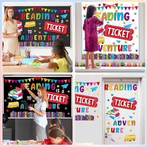 Reading Bulletin Board Set Colorful Positive Classroom Decorations Reading Is A Ticket To Adventure Bulletin Board Decoration Book School Bus Cutouts for Back to School Classroom Chalkboard Wall Decor in Saudi Arabia