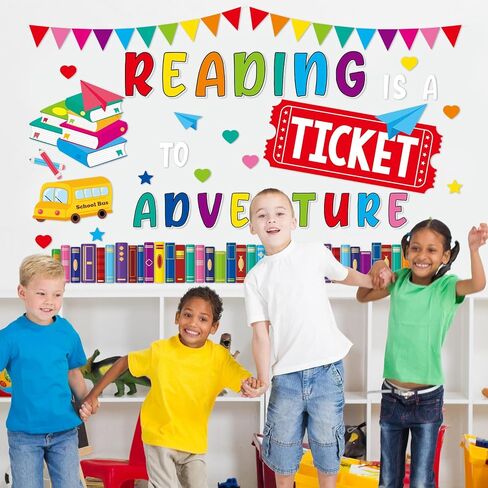 Reading Bulletin Board Set Colorful Positive Classroom Decorations Reading Is A Ticket To Adventure Bulletin Board Decoration Book School Bus Cutouts for Back to School Classroom Chalkboard Wall Decor in Saudi Arabia