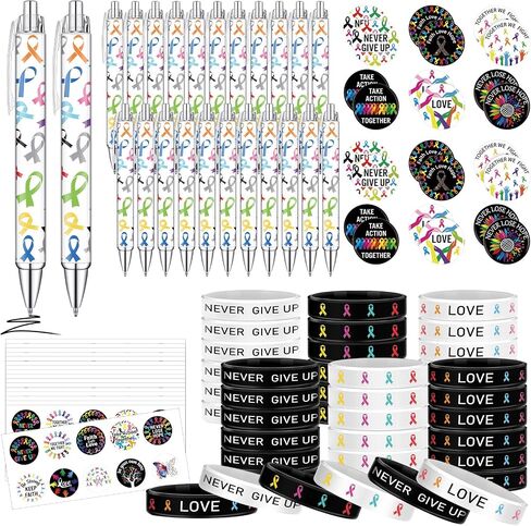 168 PCS Cancer Awaysed Homed Hifts بما في ذلك 36 شارة السرطان بكرة 36 ​​شارع سوار السيليكون معصمه 36 أقلام رول و 60 ملصقات لفة لممرضات الأورام ، والنساء ديكور in Saudi Arabia