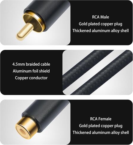 كابل صوت تمديد RCA ذكر إلى أنثى 10 أقدام (3 أمتار)، كابل صوت ستيريو RCA صوت هاي فاي مطلي بالذهب غلاف نحاسي مجدول من النايلون (RCA_M2F30) in Kuwait