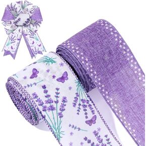 2 Rolls Lavender Wired Edge Ribbon 2.5 Inch Purple Floral Butterfly Printed Ribbon Spring Summer Fabric Ribbon for Gift Wrapping Wreath Bow Making Wedding Bridal Shower Farmhouse Party Decor in Kuwait