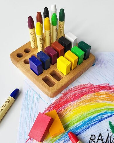 Wooden Crayon Holder for Stockmar 12 Blocks and 12 Sticks – Fits 12 Stockmar Beeswax Crayons Rectangular Organizer – Montessori Waldorf Art Supply – Gift for Kids & Classroom Use in Saudi Arabia