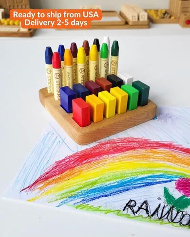 Wooden Crayon Holder for Stockmar 12 Blocks and 12 Sticks – Fits 12 Stockmar Beeswax Crayons Rectangular Organizer – Montessori Waldorf Art Supply – Gift for Kids & Classroom Use in Saudi Arabia