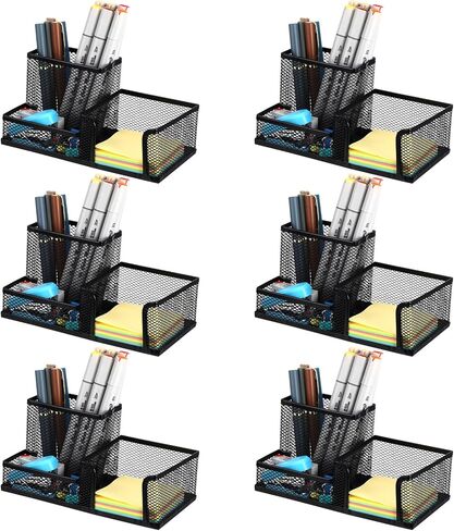 6 قطع حامل القلم للمكتب Mesh Metal Pencil Assolbers Cup Cup Caddy Caddy مع منظم الملاحظات اللزج للمستلزمات المكتبية School Pace Home Black in Saudi Arabia