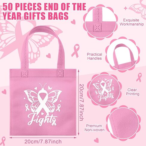 Kolldenn 50 PCS أكياس التوعية بسرطان الثدي الهدايا ذات الحمل الأكبر مع مقبض BINK RIBBON GOODIE BACS لوازم الحفلات النسائية الإمدادات الخيرية لحفلات عيد الميلاد وجبات SANEIS SNAPS in Kuwait