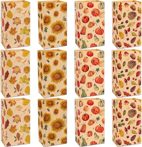 Whaline 48Pcs Fall Flat Treat Bags Kraft Paper Bags Pumpkins Maple Leaves Sunflowers Nuts Patterned Grocery Bag Small Goodie Bag Candy Gift Bags for Thanksgiving Party Favor Supply in Saudi Arabia