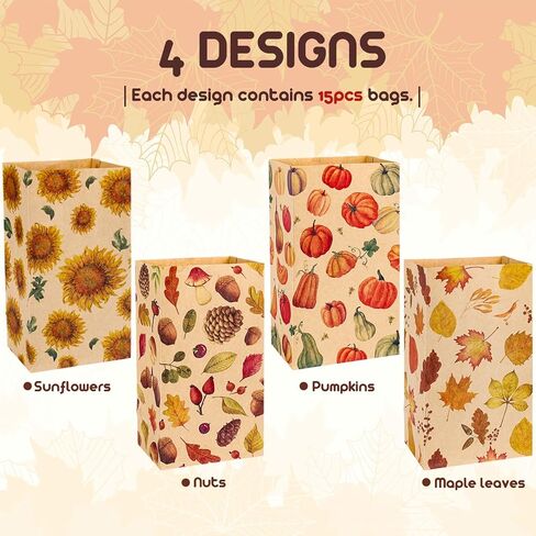 Whaline 48Pcs Fall Flat Treat Bags Kraft Paper Bags Pumpkins Maple Leaves Sunflowers Nuts Patterned Grocery Bag Small Goodie Bag Candy Gift Bags for Thanksgiving Party Favor Supply in Saudi Arabia