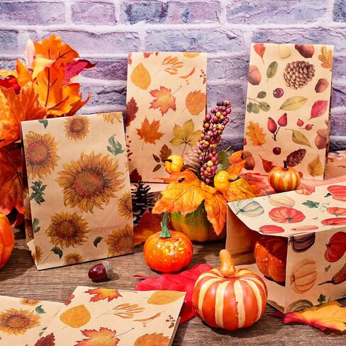 Whaline 48Pcs Fall Flat Treat Bags Kraft Paper Bags Pumpkins Maple Leaves Sunflowers Nuts Patterned Grocery Bag Small Goodie Bag Candy Gift Bags for Thanksgiving Party Favor Supply in Saudi Arabia
