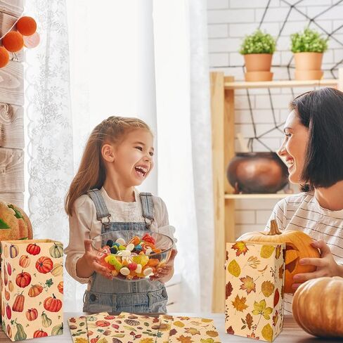 Whaline 48Pcs Fall Flat Treat Bags Kraft Paper Bags Pumpkins Maple Leaves Sunflowers Nuts Patterned Grocery Bag Small Goodie Bag Candy Gift Bags for Thanksgiving Party Favor Supply in Saudi Arabia