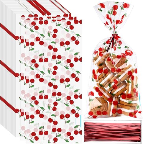 yexiya 100pcs الكرز الأحمر cellophane أكياس واضحة حقائب الهدايا مع أقواس الشريط الكرز المطبوعة من الأكياس الخفيفة in Kuwait
