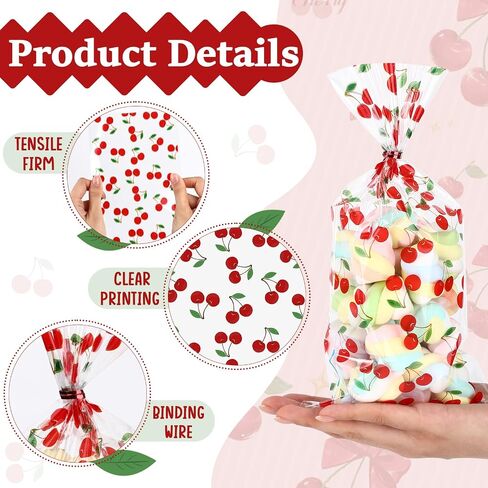 yexiya 100pcs الكرز الأحمر cellophane أكياس واضحة حقائب الهدايا مع أقواس الشريط الكرز المطبوعة من الأكياس الخفيفة in Kuwait