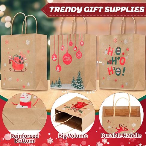 Sadoup 24 PCS Christmas Kraft Gift Bags with Handles,9"x7.3"x3.3",for Gifts,Cookies,Candy,Holiday Goodies,Xmas Treat Paper Bags for Presents,Parties & Gift Giving in Kuwait