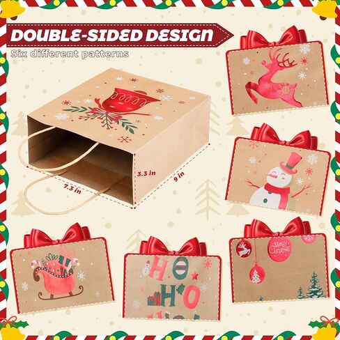 Sadoup 24 PCS Christmas Kraft Gift Bags with Handles,9"x7.3"x3.3",for Gifts,Cookies,Candy,Holiday Goodies,Xmas Treat Paper Bags for Presents,Parties & Gift Giving in Kuwait