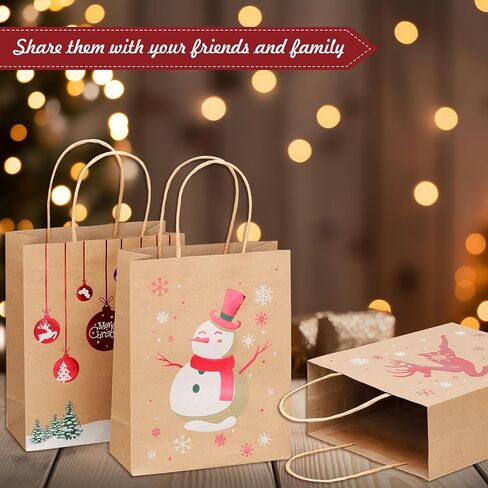 Sadoup 24 PCS Christmas Kraft Gift Bags with Handles,9"x7.3"x3.3",for Gifts,Cookies,Candy,Holiday Goodies,Xmas Treat Paper Bags for Presents,Parties & Gift Giving in Kuwait