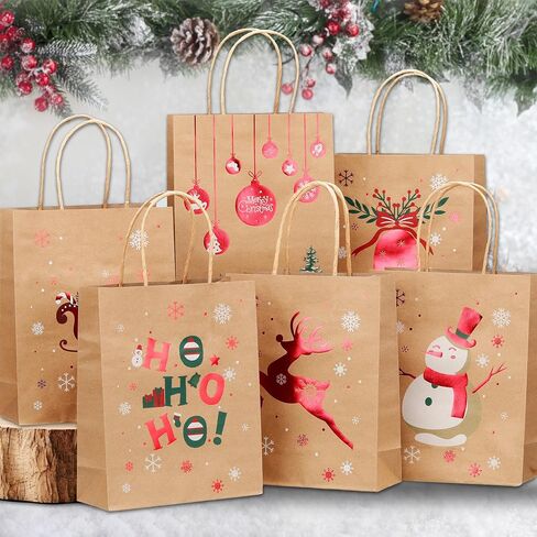 Sadoup 24 PCS Christmas Kraft Gift Bags with Handles,9"x7.3"x3.3",for Gifts,Cookies,Candy,Holiday Goodies,Xmas Treat Paper Bags for Presents,Parties & Gift Giving in Kuwait