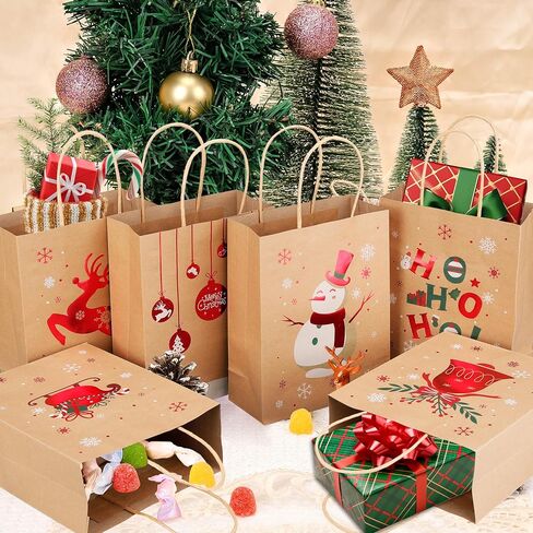 Sadoup 24 PCS Christmas Kraft Gift Bags with Handles,9"x7.3"x3.3",for Gifts,Cookies,Candy,Holiday Goodies,Xmas Treat Paper Bags for Presents,Parties & Gift Giving in Kuwait