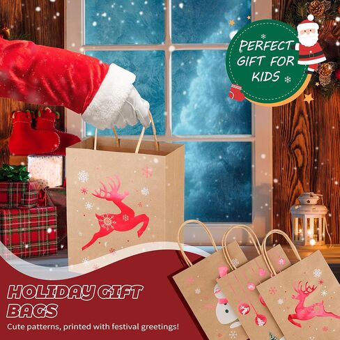 Sadoup 24 PCS Christmas Kraft Gift Bags with Handles,9"x7.3"x3.3",for Gifts,Cookies,Candy,Holiday Goodies,Xmas Treat Paper Bags for Presents,Parties & Gift Giving in Kuwait