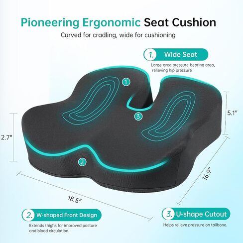 Extra Large Memory Foam Seat Cushion - Relieves Hip, Coccyx and Sciatica Pain - Ergonomic Support for Long Hours in Office Chairs, Cars, Wheelchairs (Black) in Saudi Arabia