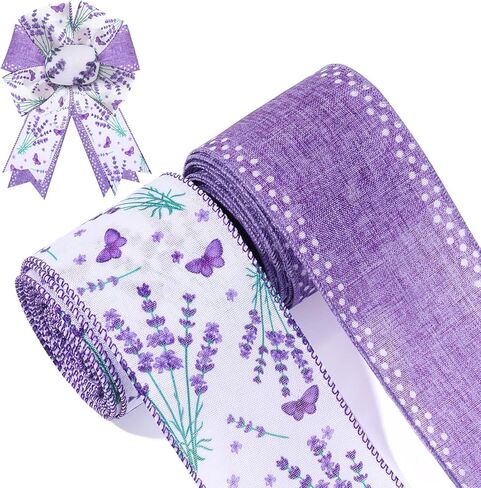 2 Rolls Lavender Wired Edge Ribbon 2.5 Inch Purple Floral Butterfly Printed Ribbon Spring Summer Fabric Ribbon for Gift Wrapping Wreath Bow Making Wedding Bridal Shower Farmhouse Party Decor in Kuwait