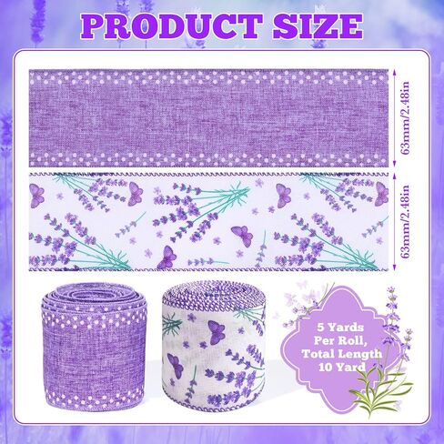 2 Rolls Lavender Wired Edge Ribbon 2.5 Inch Purple Floral Butterfly Printed Ribbon Spring Summer Fabric Ribbon for Gift Wrapping Wreath Bow Making Wedding Bridal Shower Farmhouse Party Decor in Kuwait
