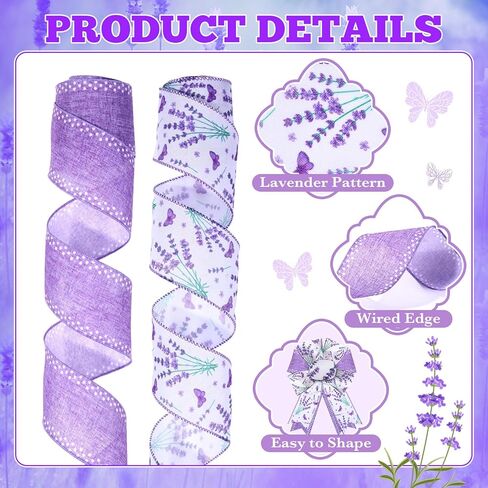2 Rolls Lavender Wired Edge Ribbon 2.5 Inch Purple Floral Butterfly Printed Ribbon Spring Summer Fabric Ribbon for Gift Wrapping Wreath Bow Making Wedding Bridal Shower Farmhouse Party Decor in Kuwait