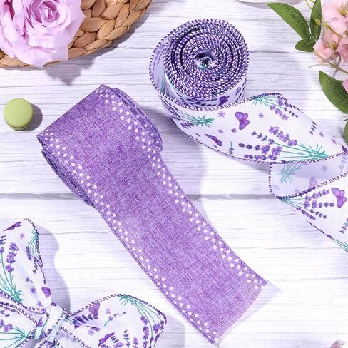 2 Rolls Lavender Wired Edge Ribbon 2.5 Inch Purple Floral Butterfly Printed Ribbon Spring Summer Fabric Ribbon for Gift Wrapping Wreath Bow Making Wedding Bridal Shower Farmhouse Party Decor in Kuwait