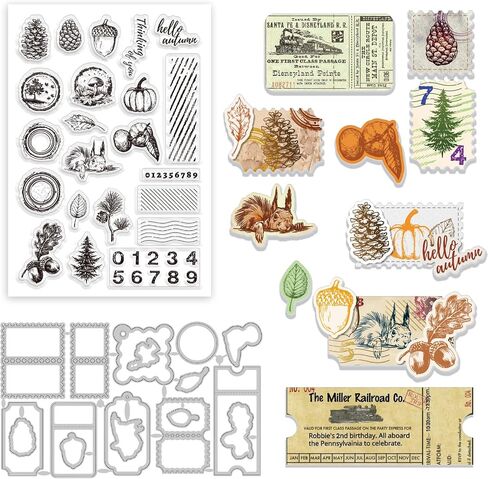 GLOBLELAND Autumn Pumpkin Pine Cones Clear Stamps and Stamp Label Cutting Dies Set Orange Numbers Silicone Clear Stamps and Metal Pine Cones Leaves Die Cuts for Card Making and DIY Scrapbooking in Saudi Arabia