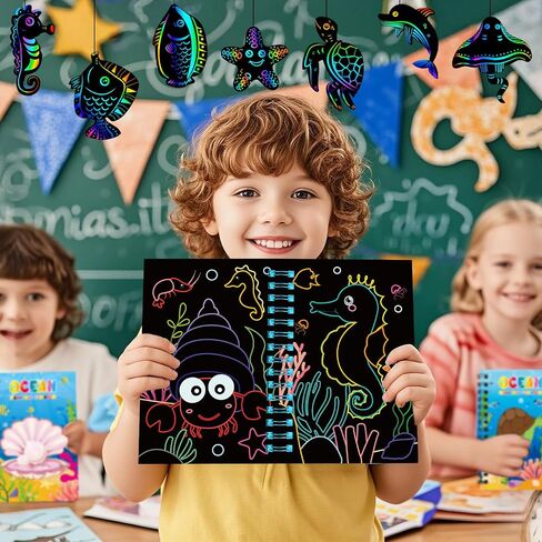 24 Pack Under the Sea Scratch Art Party Favors for Kids - Rainbow Scratch Paper with Ocean Animals Scratch Off Cards Easter Birthday Goodie Bags Stuffers - Return Gifts DIY Classroom Prizes in Saudi Arabia