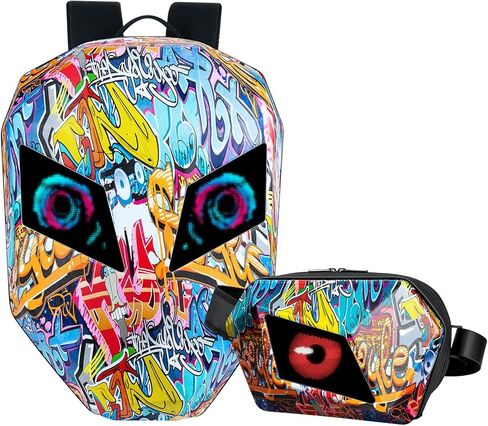 Gelrova [Batteries not included] Graffiti Style 2-in-1 Hardshell LED Backpack Set: Knight Motorcycle Backpack and Devil Eye Crossbody Bag, Graffiti in Kuwait
