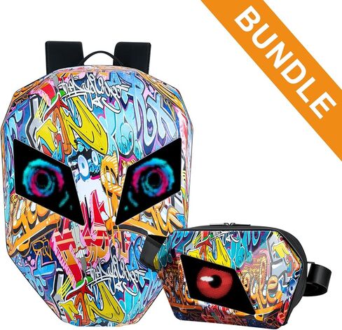 Gelrova [Batteries not included] Graffiti Style 2-in-1 Hardshell LED Backpack Set: Knight Motorcycle Backpack and Devil Eye Crossbody Bag, Graffiti in Kuwait