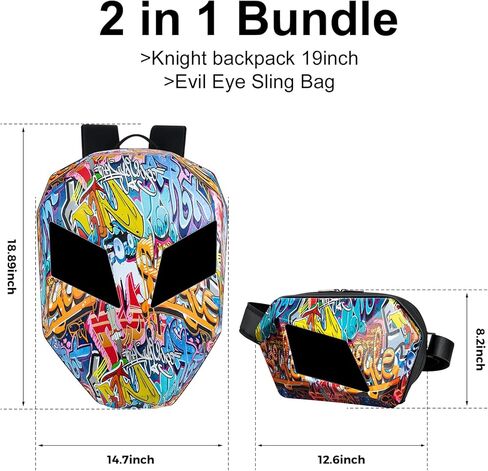 Gelrova [Batteries not included] Graffiti Style 2-in-1 Hardshell LED Backpack Set: Knight Motorcycle Backpack and Devil Eye Crossbody Bag, Graffiti in Kuwait